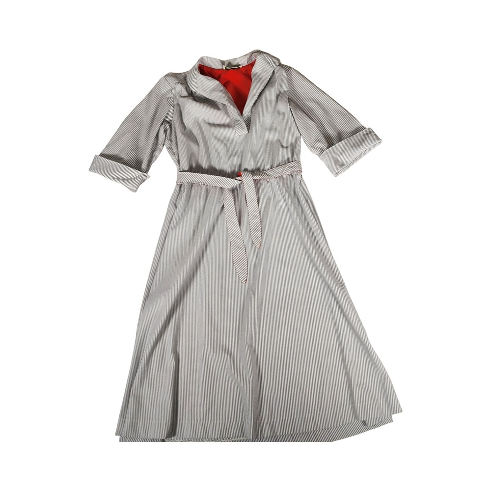 Ms Sugar Vintage Striped Midi Dress Grey‎ White Red V-Neck Belted A-Line Retro